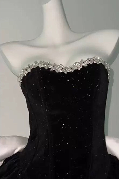 Black Velvet Short Beaded Party Dress with Bow, Black Velvet Homecoming Dress